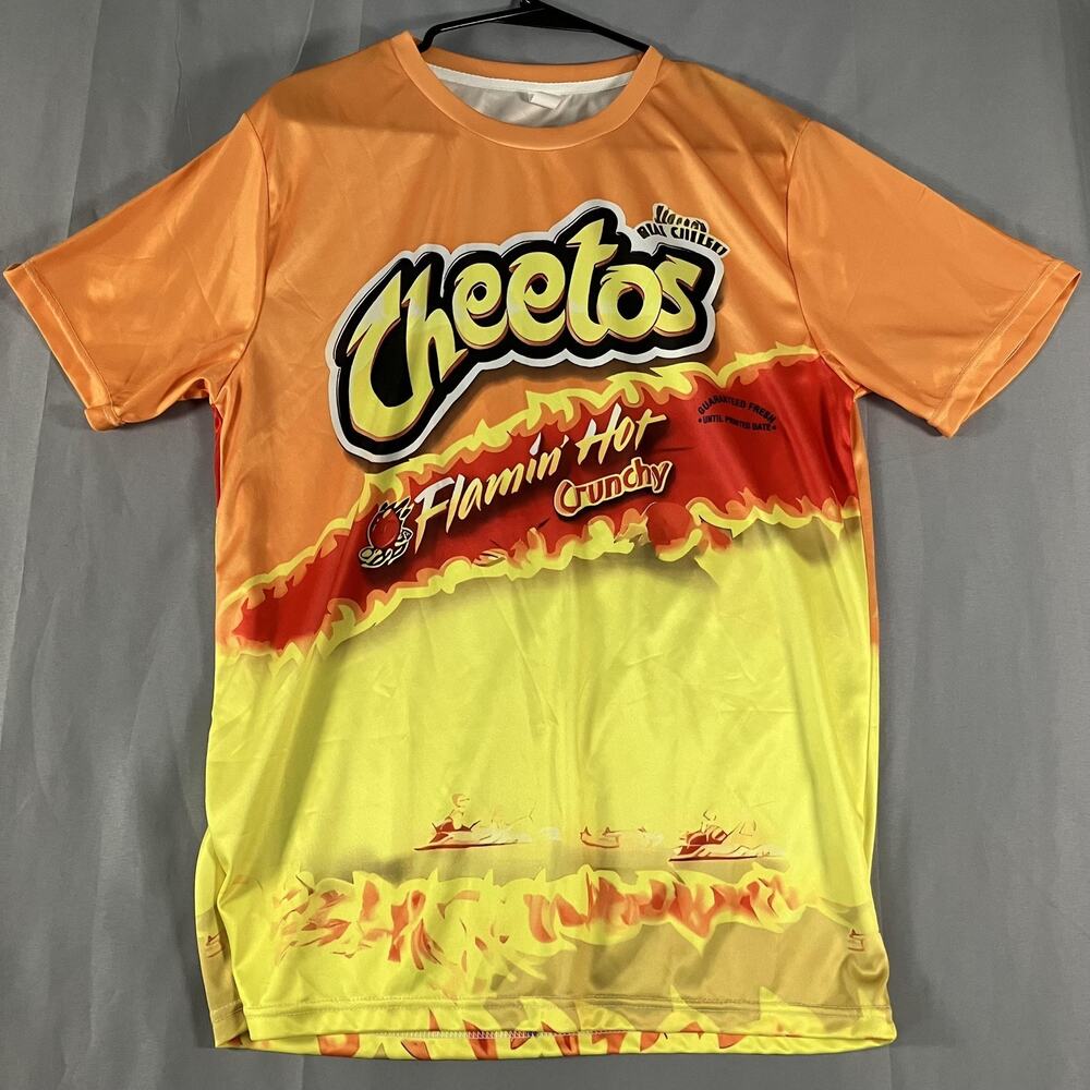 Cheetos Shirt Mens Medium Orange‎ Flamin' Hot Crunchy Graphic Allover Print